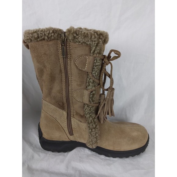 Lands' End Tan Suede Leather Boots Fleece Lining Zip Up Mid Calf Womens Size 7B - Picture 5 of 8